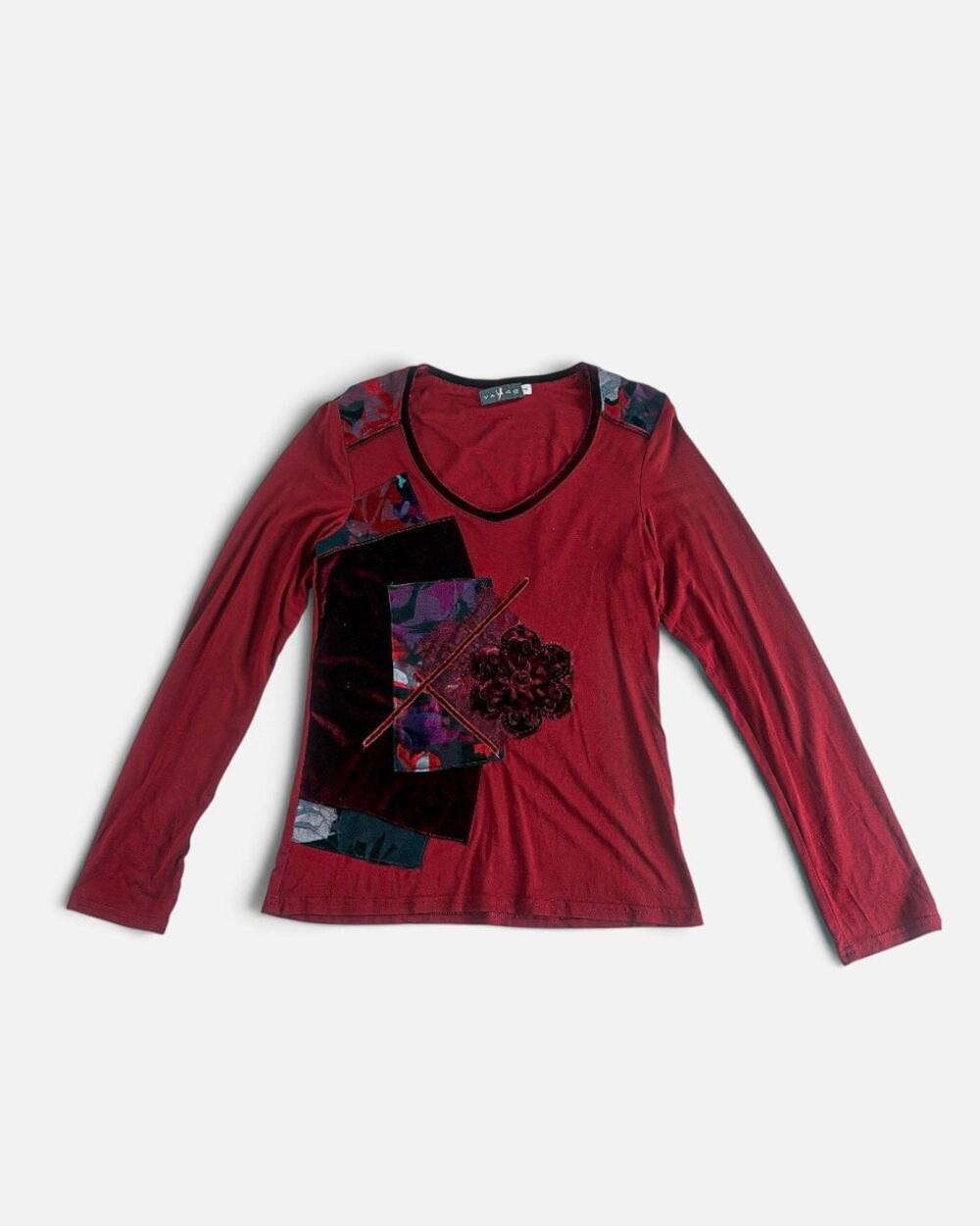Vintage Vango Paris Patchwork Knit Top Sz 2 Burgundy Red Y2K Fairy Grunge Art
